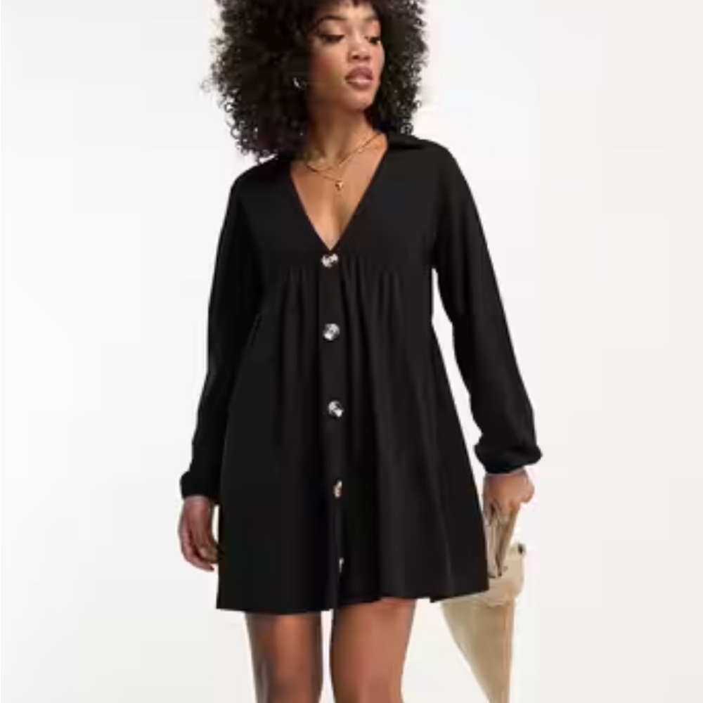 ASOS DESIGN long sleeve mini smock dress with buttons in black